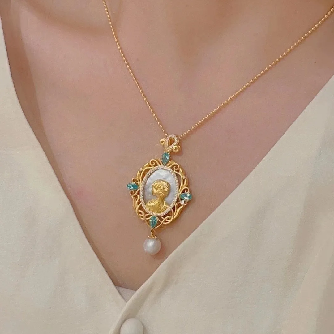 Pryna Jewelry   French retro Rococo style queen jewelry 9999 24K real gold medieval palace style mother-shell queen pearl neckla