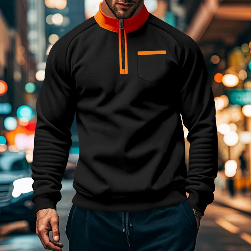 Men-Fleece-Lined-Half-Zip-Sweatshirt-Stand-Collar-Color-Block-Pocket-Pullover-Autumn-Winter-Loose-Casual-Warm-Long-Sleeve-Tops