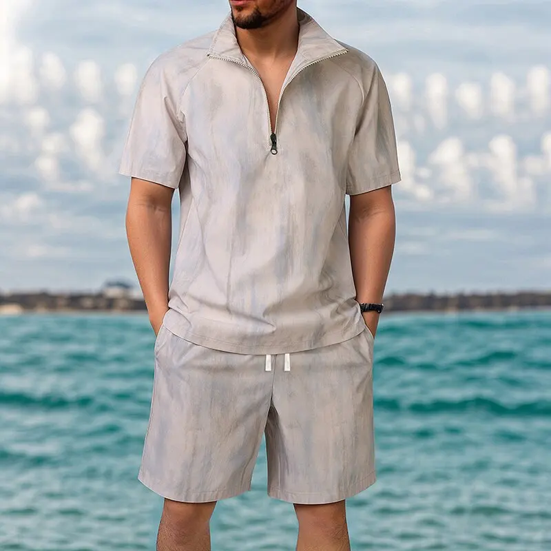 Summer Fashion Solid Color Outdoor Sports Short Sleeve Shorts Set For Men Loose Breathable Plus Size High Quality Two-Piece Set