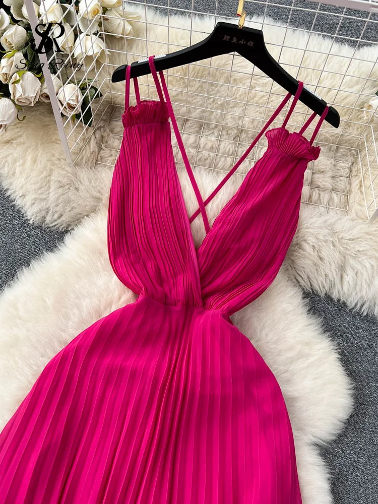 SINGREINY Summer Sexy A Line Dress Deep V Neck Sling Cross Ruffles Backless Pleated Solid Women Elegant Evening Party Long Dress