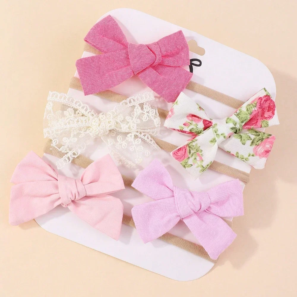 5 pièces/ensemble bébé bandeau élastique nouveau-né fleur dentelle nœud papillon en Nylon bandes de cheveux pour filles infantile enfant en bas âge doux cheveux accessoires cadeau