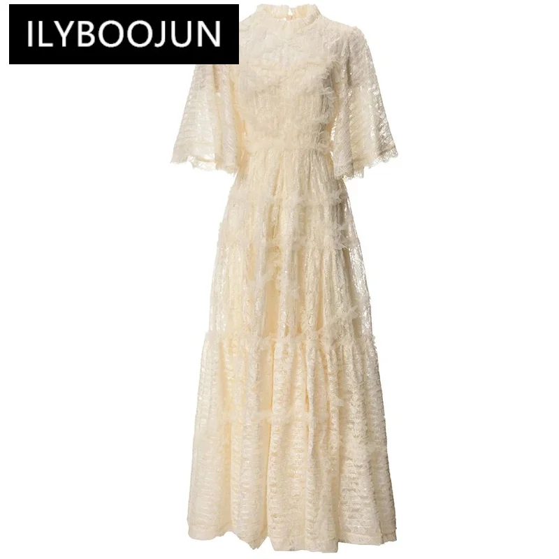 ILYBOOJUN Summer New Style Cheap Casual Dress Women's off-white Round Neck Cascading Ruffle Sequin Splice Lace Long Dress