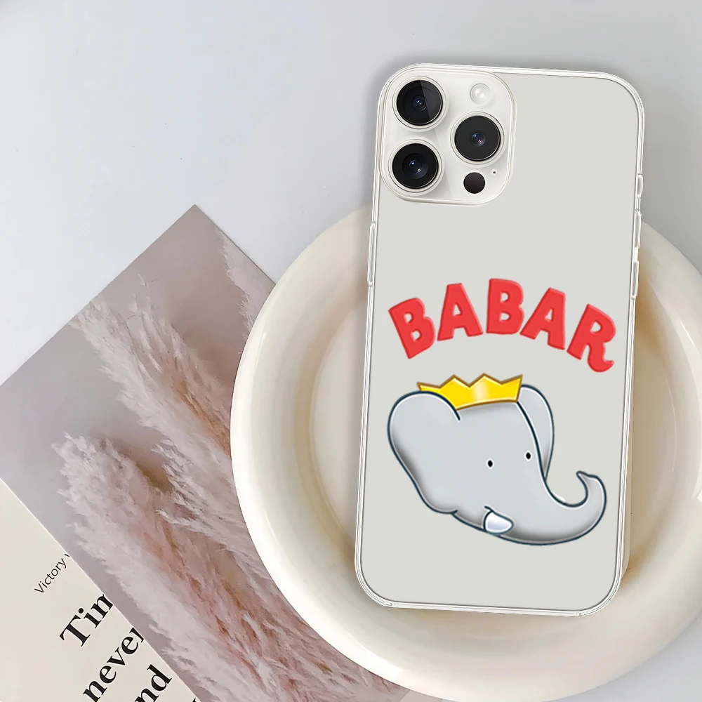 Babar The Elephant Cartoon Phone Case for iPhone 12 11 13 14 15 16 Max Pro Plus Transparent Soft Shell