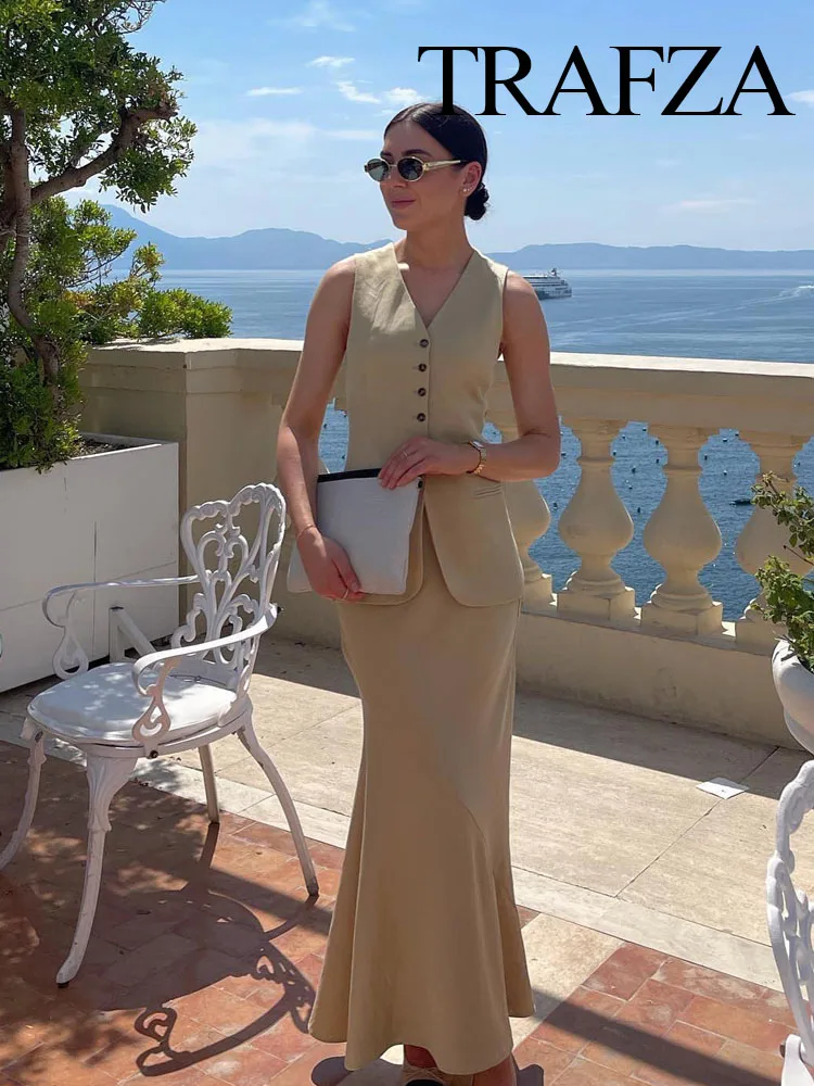 TRAFZA Summer Fashion Women Suits Khaki V-Neck Sleeveless Pockets Single Breasted Waistcoats+High Waist Asymmetrical Slim Skirt