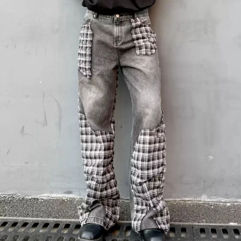 

American Style Retro Plaid Splicing Jeans For Man Loose Straight Washing Distressed Design Street Fashion Denim Pants