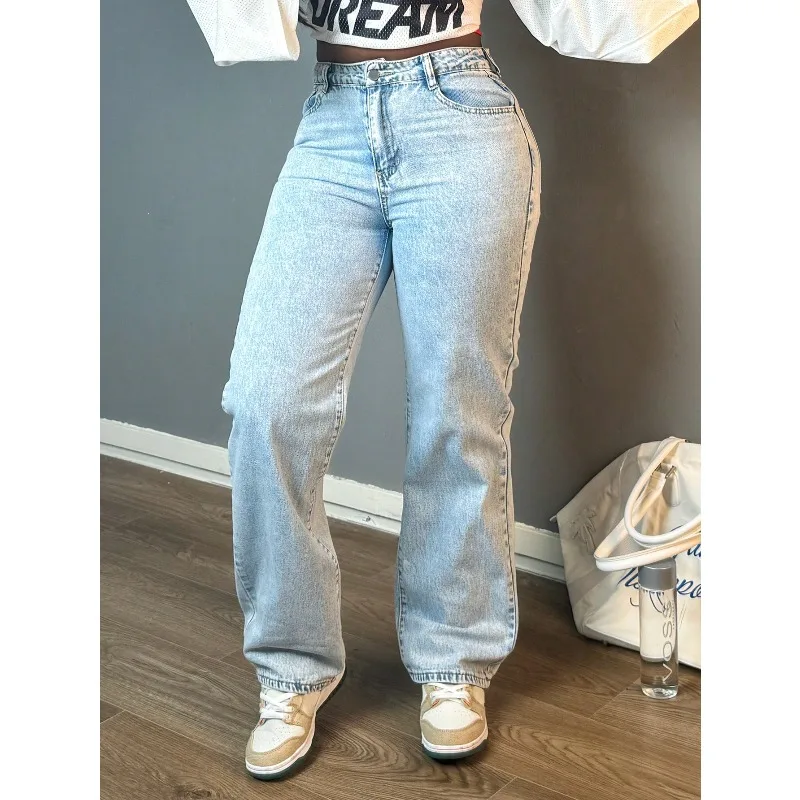 

2026 Women Casual Straight-Leg Jeans, Fashion Simple Style, Button, Zipper, Solid Color Denim Pants,Suitable For All Occasions