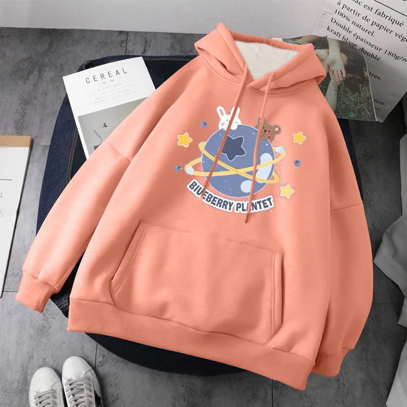 Women Autumn Winter Loose Casual Pullovers Student Fashion Leisure Outwears Cute Cartoon Printed Fleece Thick Hooded Sweatshirts