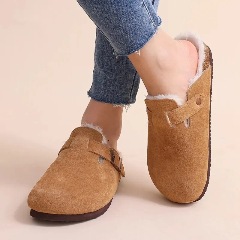 Fur Boston Clogs For Women Winter Fashion Cork Insole Warm Plush Slippers Shoes With Arch Support Cozy Home Furry Suede Mules