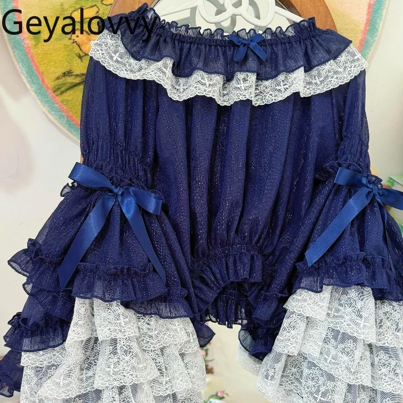 

Оригинальная ретро-блузка с бантом и расклешенными рукавами, весна 2026, новая коллекция, в стиле Лолита, с кружевной отделкой, универсальная, с открытыми плечами, внутренняя рубашка