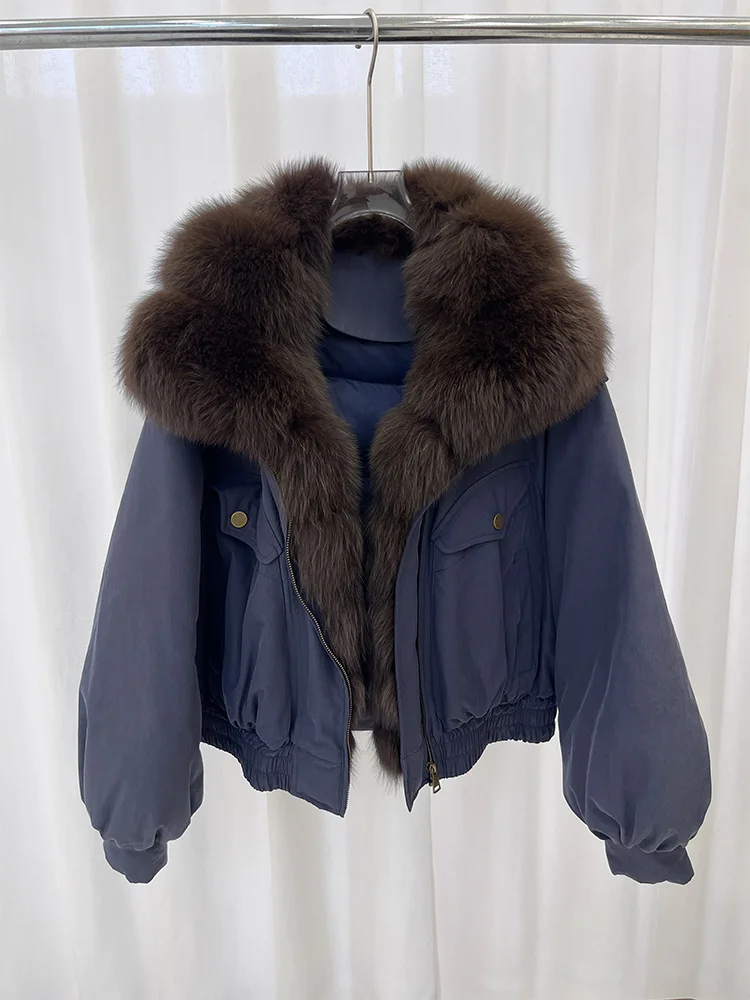 جديد فاخر الشتاء المرأة الطبيعية ريال فوكس الفراء طوق معاطف أوزة أسفل سترة الدنيم سترة أبلى الإناث عادية
