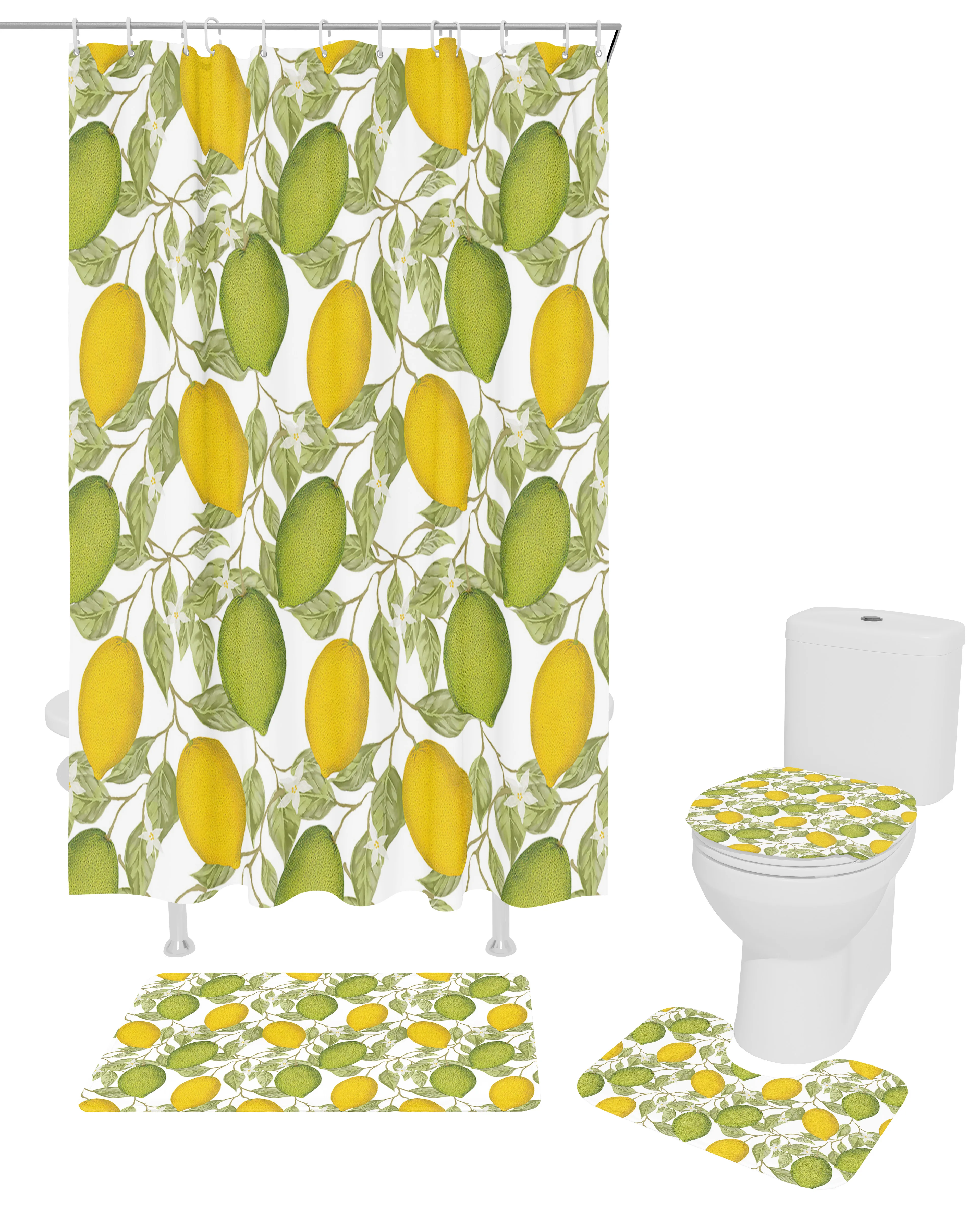 Fruit Lemon Flower Shower Curtain Non-Slip Rugs Toilet Lid Cover and Bath Mat Bathroom Curtains with Hooks