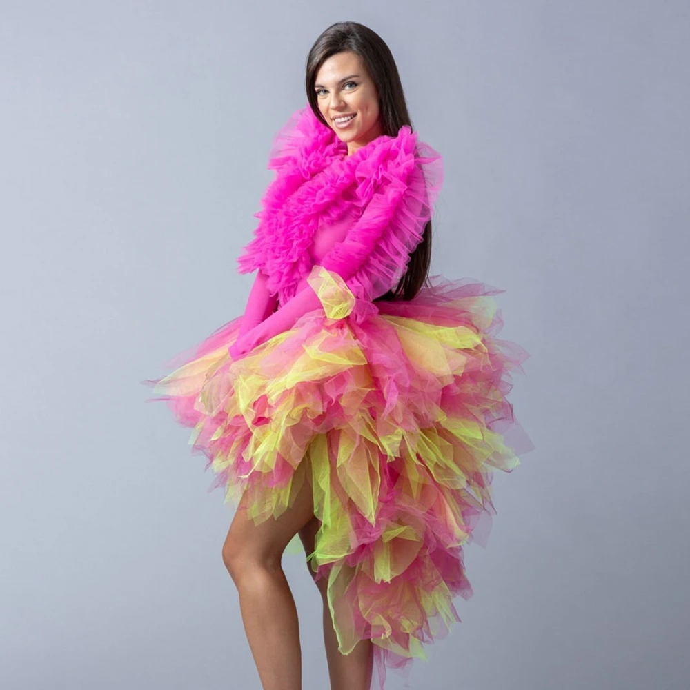 Layered Tulle Ball Gown Asymmetrical Midi Length Party Skirt Pink & Yellow Bicolor Women Clothing Ever Pretty Plus Size Skirts