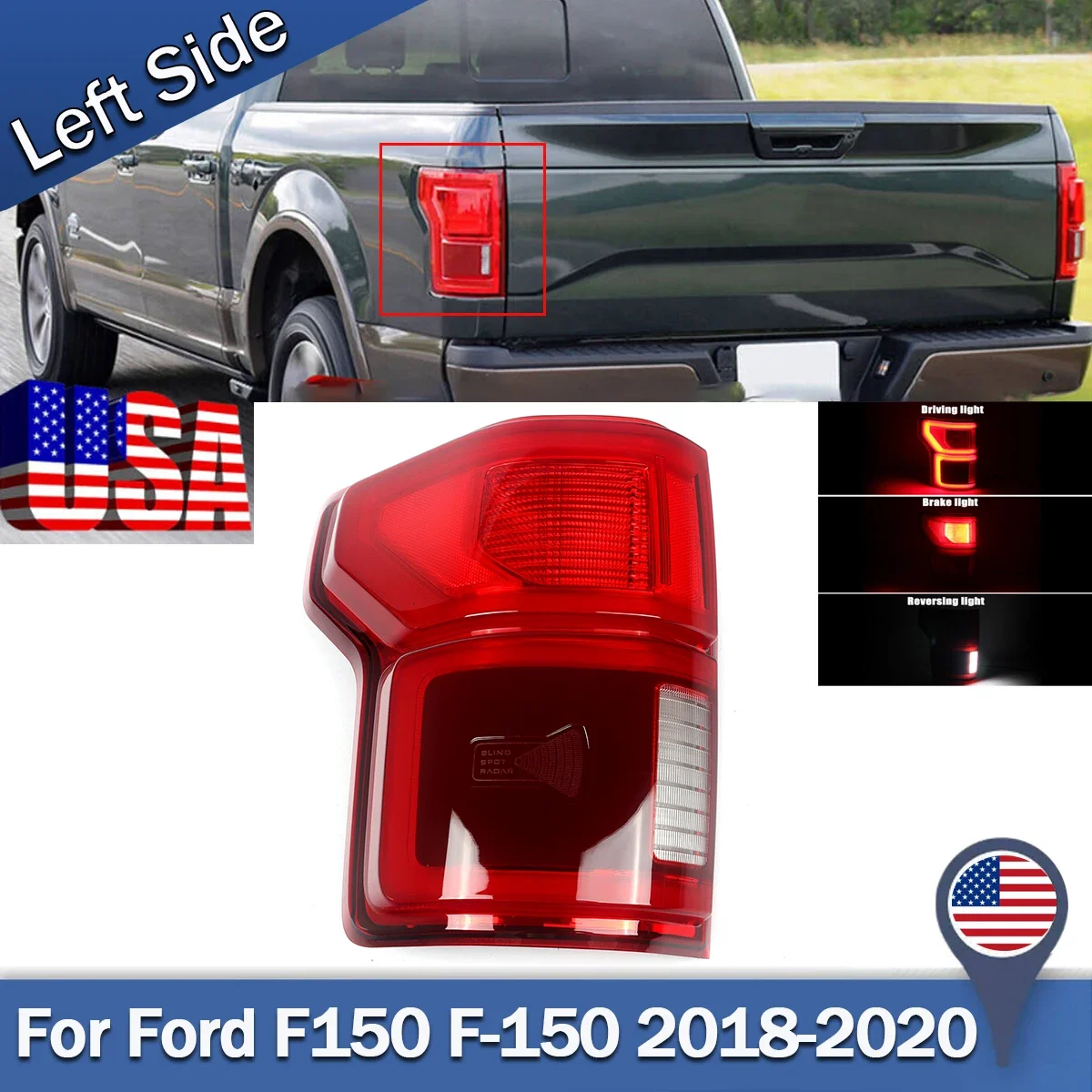 For 2018-20 Ford F150 F-150 LED Tail Light With Blind Spot Left Side KL3Z13405B