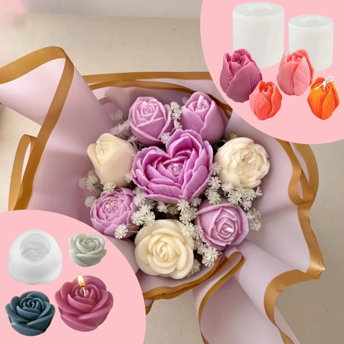 Tulpenform 3D Rose Kerzenformen Silikon Blumenförmige Formen für Kerzenherstellung DIY Harz Handwerk Fondant Kuchen Deko