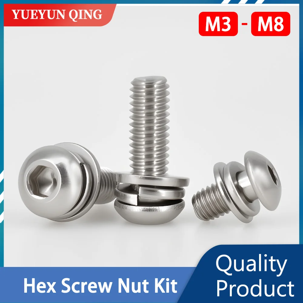 

M3 M4 M5 M6 M8 304 Stainless Steel Hex Socket Cap Bolt Washer Kit ISO7380 Allen Screw Flat Washer Elastic Spring Gasket Set