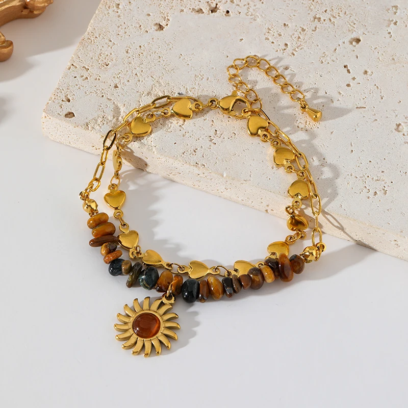 EILIECK 316L الفولاذ المقاوم للصدأ الحجر الطبيعي قلادة سوار مجموعة خمر سلسلة طوق اليدوية والمجوهرات مقاوم للماء للنساء هدية