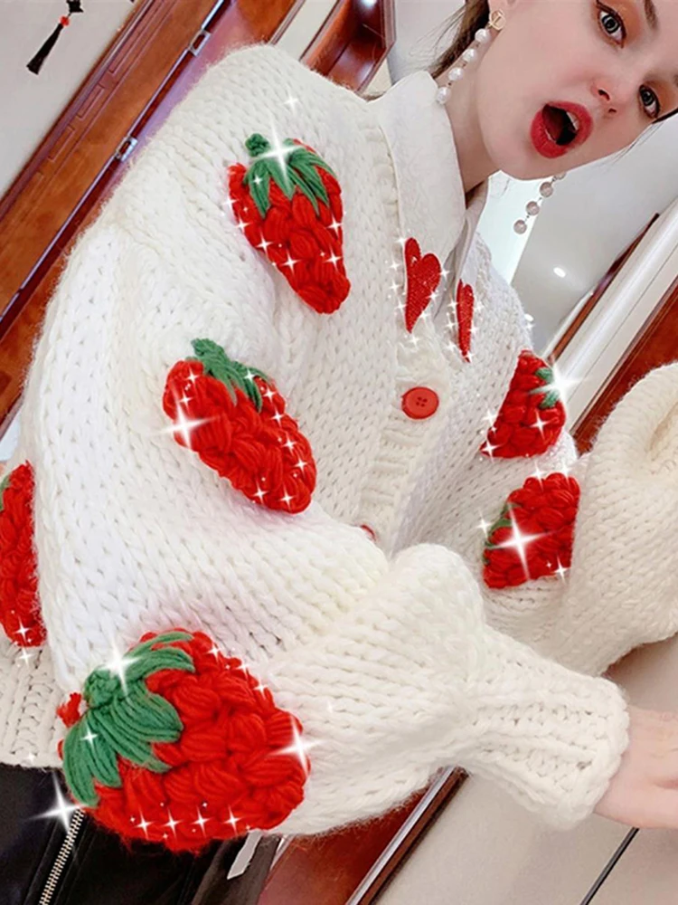 ZOKI Cute Strawberry Women Cardigan Sweater Winter Loose Fashion V Neck Hand 3D Knitting Ladies Jumper Casual Female Coats New