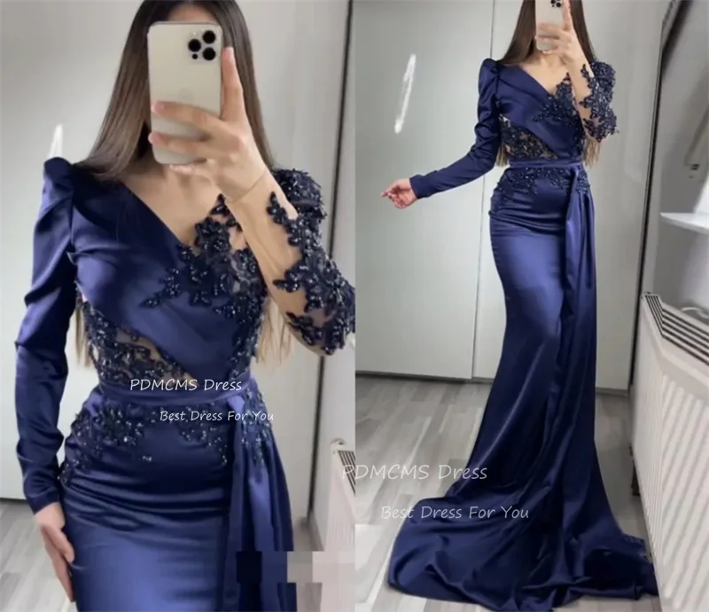 Elegant Navy Blue Mermaid Prom Dresses Long Sleeves Formal Party Dress Appliques Lace Satin Dubai Arabic Mermaid Evening Gowns