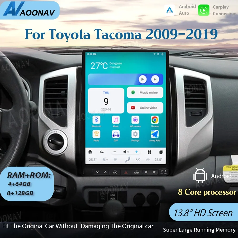 

13,8-дюймовый автомобильный радиоприемник для Toyota Tacoma 2009-2019 Android сенсорный стерео экран GPS навигация мультимедийный видеоплеер Qualcomm 128G