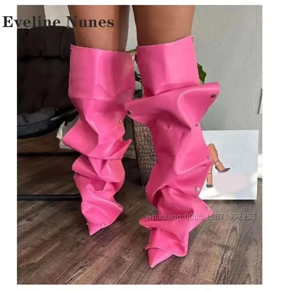 

Джинсовые плиссированные пикантные сапоги до колена с заклепками и острым носком на шпильке, лоскутные сапоги до колена для пикантной девушки, ботильоны большого размера 2024