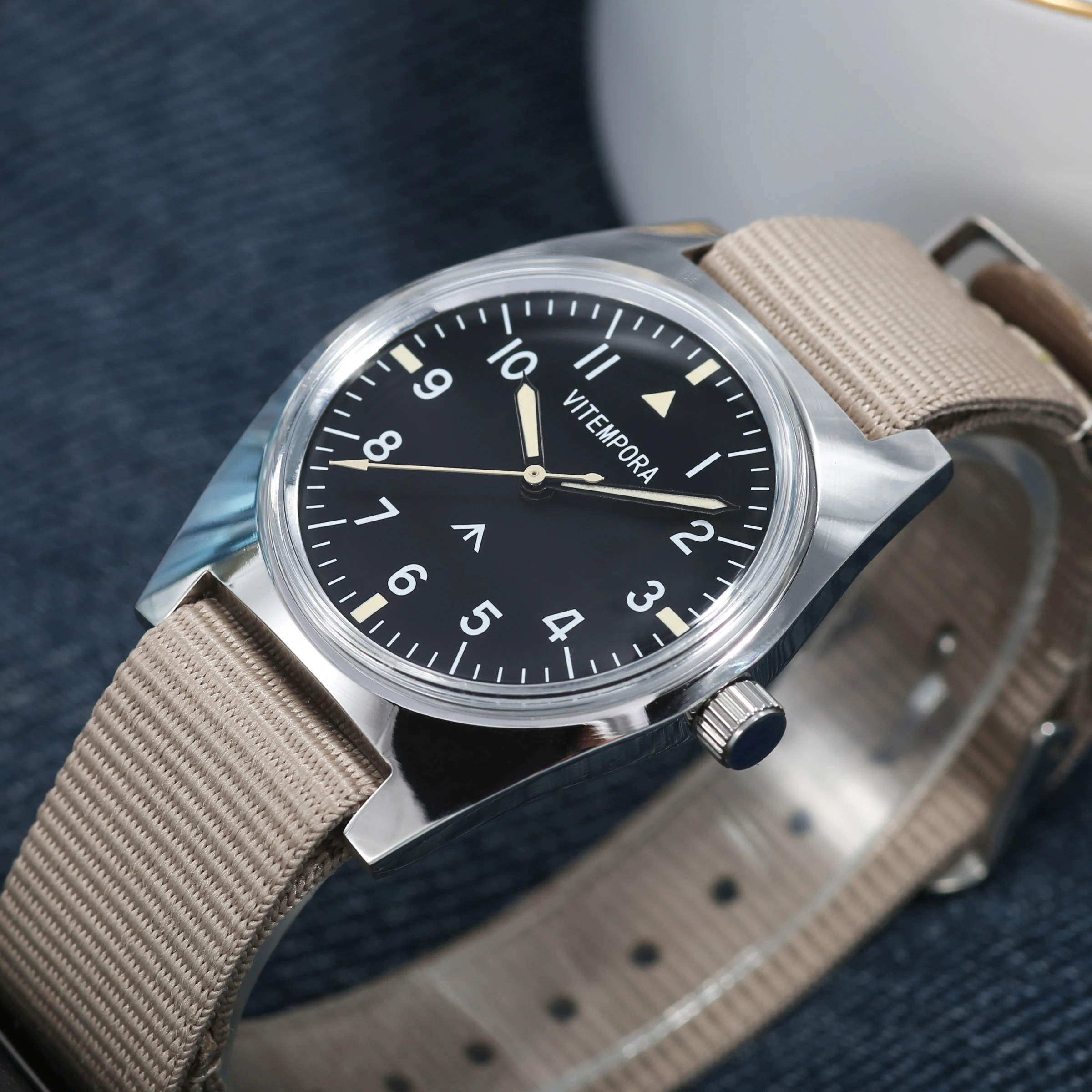 Montre pilote VITEMPORA 36 mm à petit cadran pour homme, mécanique manuelle, en acier inoxydable, étanche, style vintage