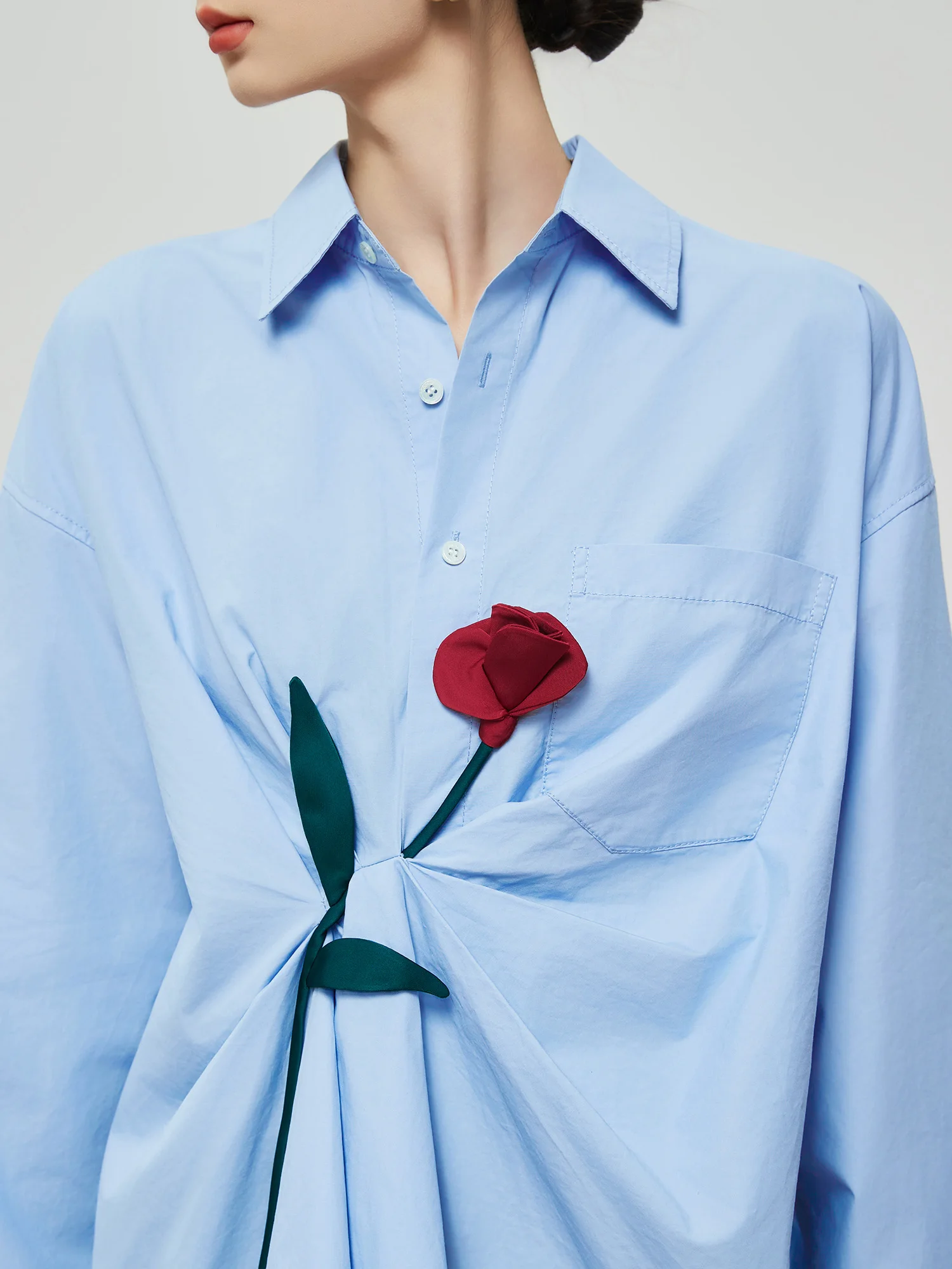 

Blue Handmade Rose Flower Long Sve irt Women's Early Autumn New Sle Chic Collar irt Trendy Casual Cotton Blend irt