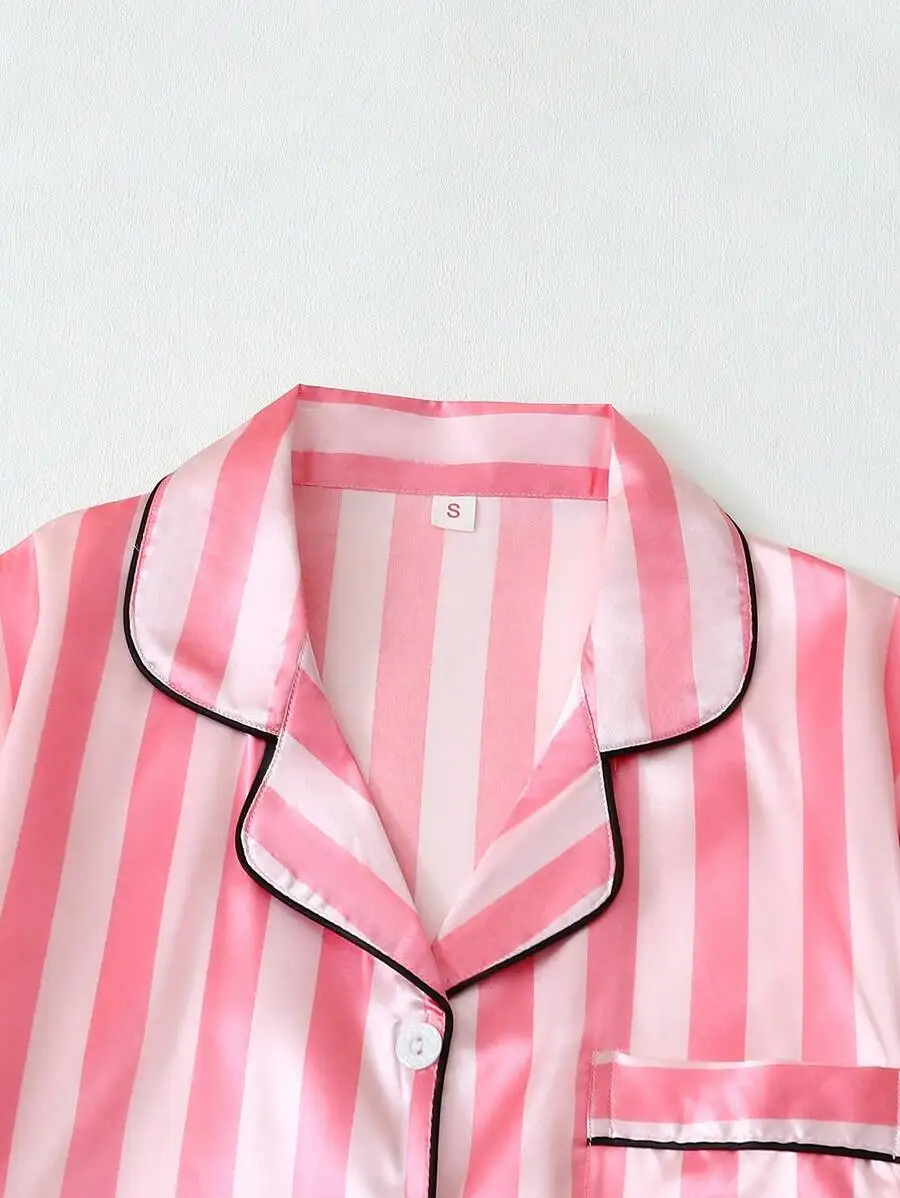 

Satin Striped Pajama Set Long Sleeve Collared Shirt And Pants Comfortable Home Wear