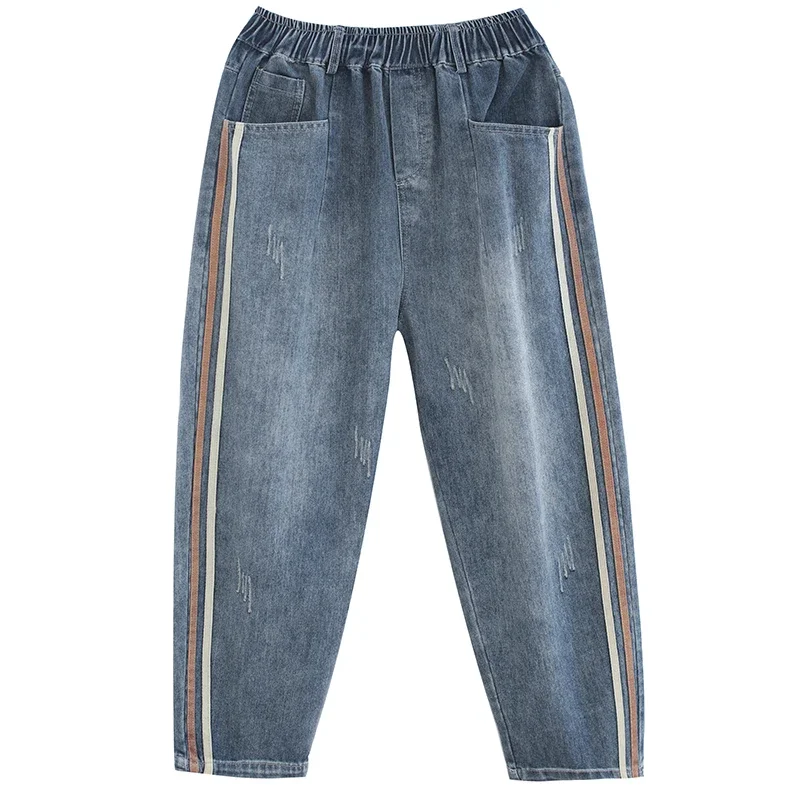 Aricaca Chinese Style Jeans Spring Summer Women Loose Striped Splicing Denim Harem Pants Female Vintage Casual Jeans