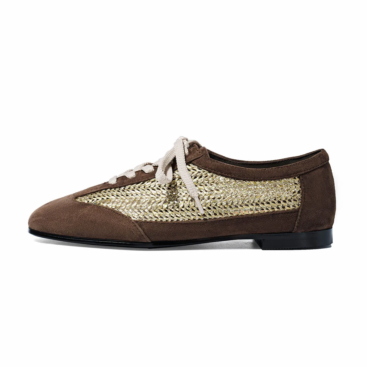 Summer new brown suede hollow German training shoes~ round head cross lace casual flat shoes color matching single shoes