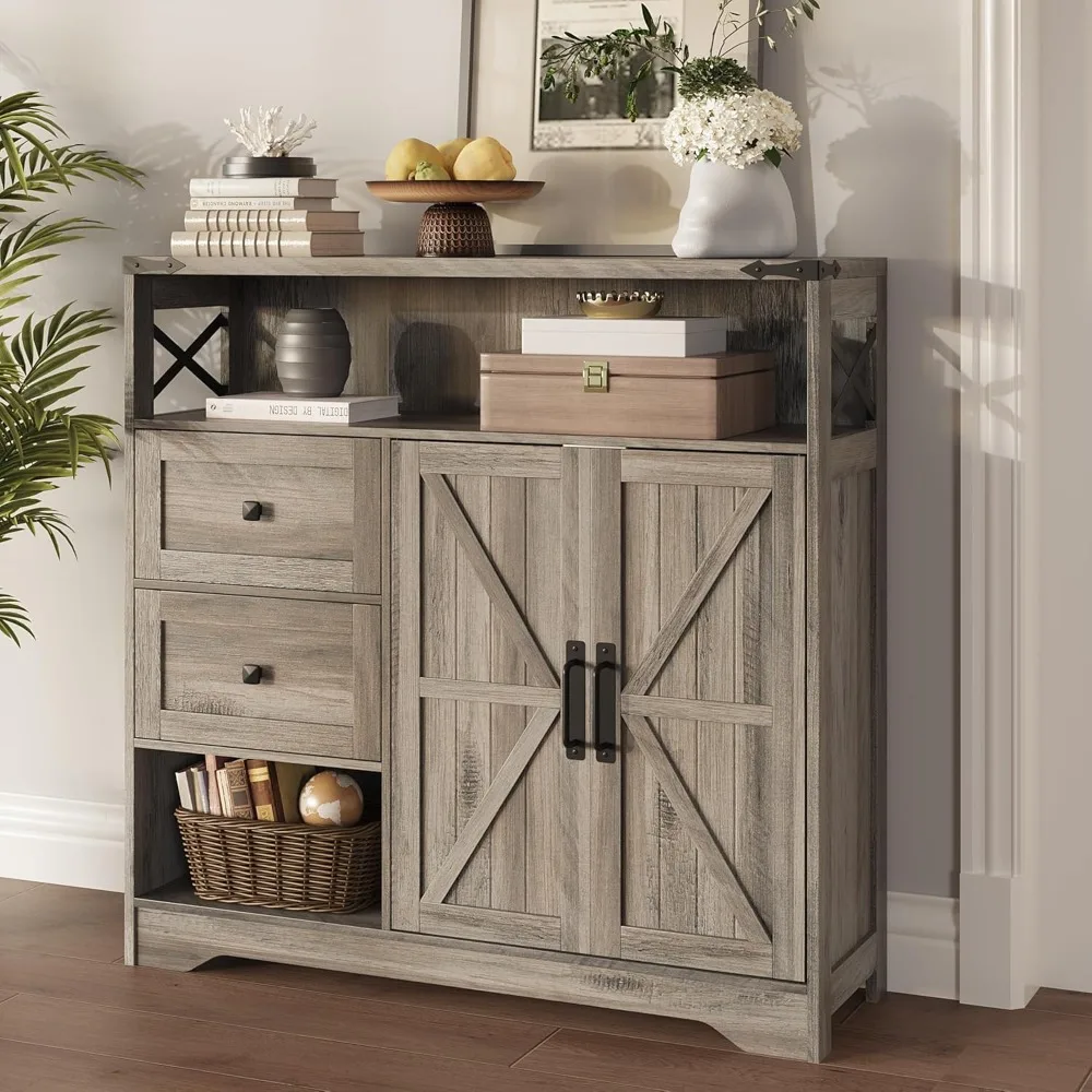 

Farmhouse Storage Cabinet with Drawers and Open Storage,Freestanding Kitchen Pantry Storage Cabinet with 2 Barn Doors