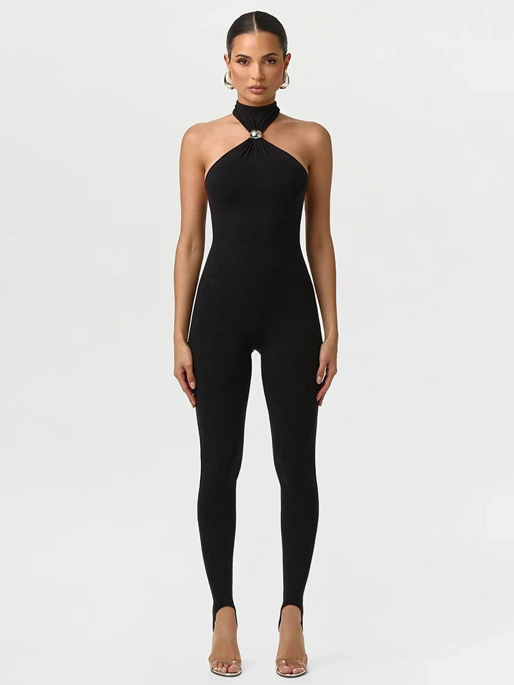 

Woman Clothing Elegant Halter Neck Off Shoulder Jumpsuits 2026 Female Sexy Sleeveless Backless Overalls Black Party Club Outfit