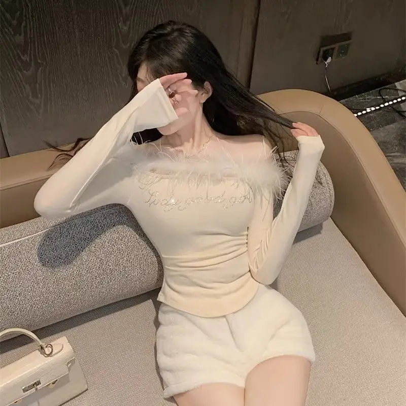 

Gagarich женская осенне-зимняя меховая футболка с бахромой Hot Diamond с длинными рукавами, модные парные модные модные топы с прямыми плечами