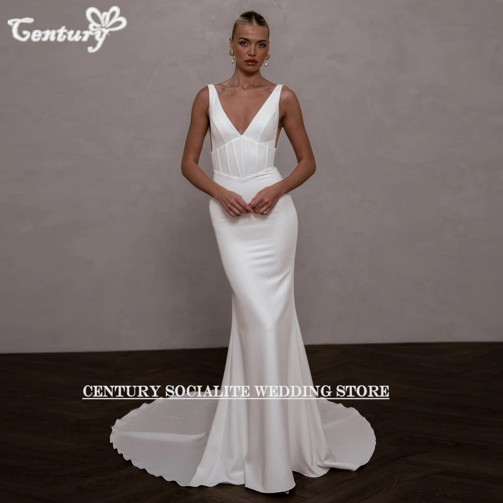 Vestidos de novia sencillos sirena cuello pico espalda descubierta botones crepé Sexy vestido de novia mujeres vestido de novia boda civil personalizado