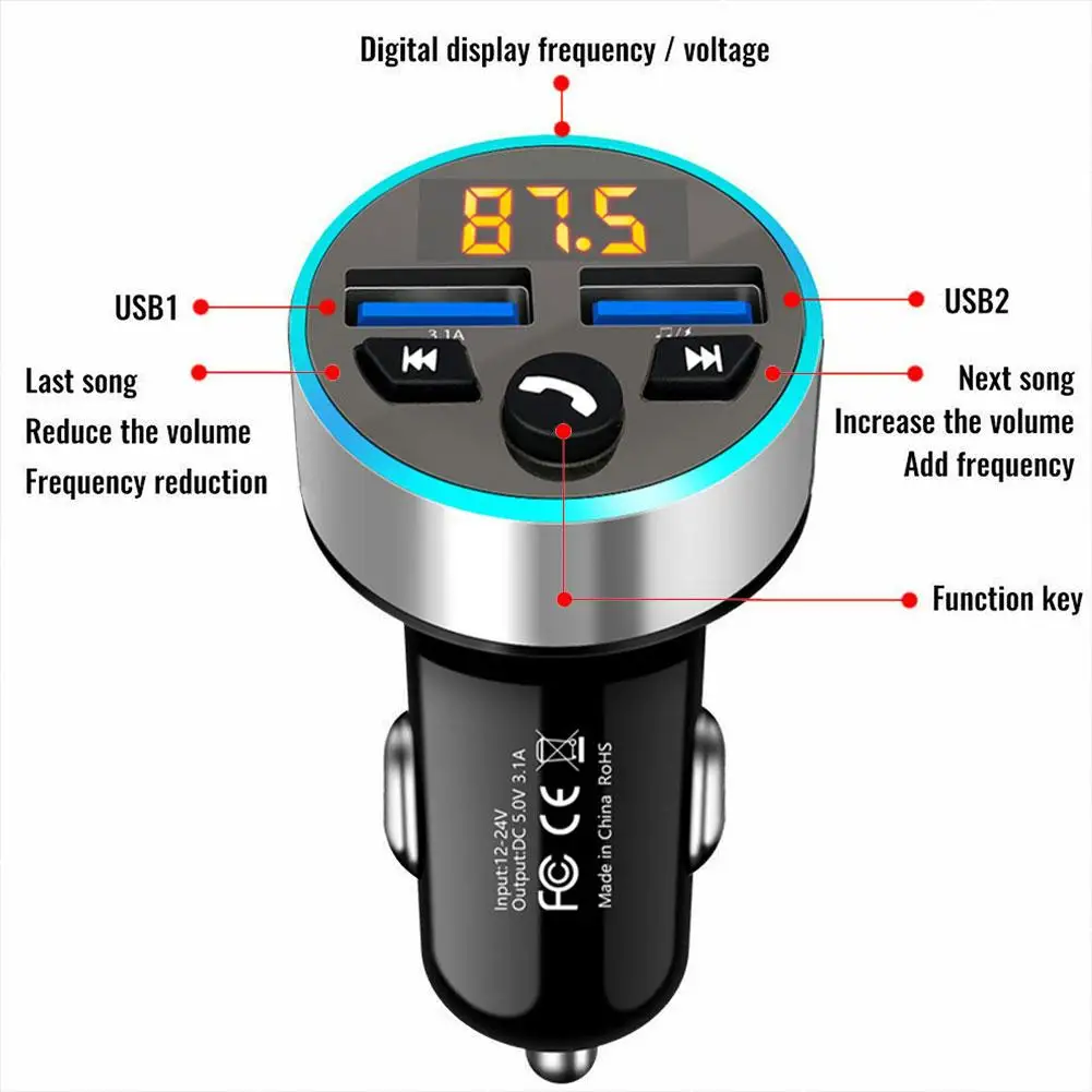 Car FM Transmitter Wireless Bluetooth 5.0 USB Auto Aux Radio Mp3 TF Card Player Music BT Hands-free Call Car