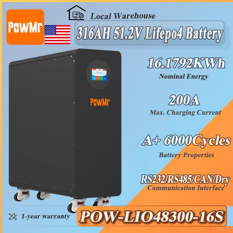 

Литиевая батарея PowMr 51.2V 16.17KWh класса A+ с ресурсом более 6000 циклов, максимальным током зарядки 200А, возможность параллельного подключения до 16 устройств для солнечных систем домашнего использования.