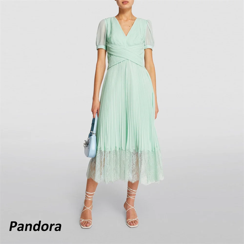 

Pandora Green V Neck Pleated Tea-length Evening Gown Lace Short Sleeves A-Line Women's wedding Banquet Party Dress