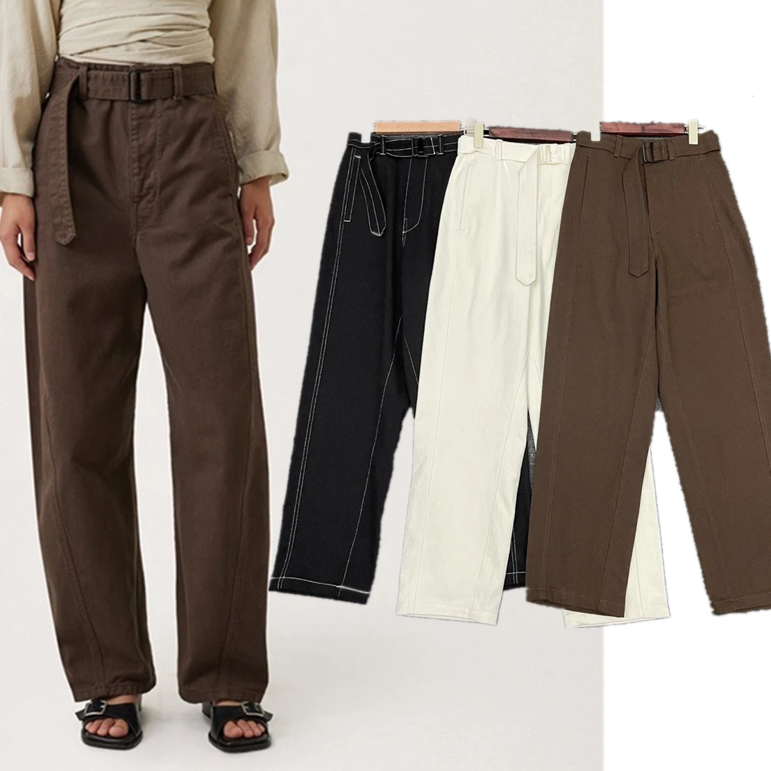 

Dave&Di Nordic Minimalist Style Solid Color Stitching Loose Pants Boyfriend Casual Vintage Pants Long Trouserts With Belt