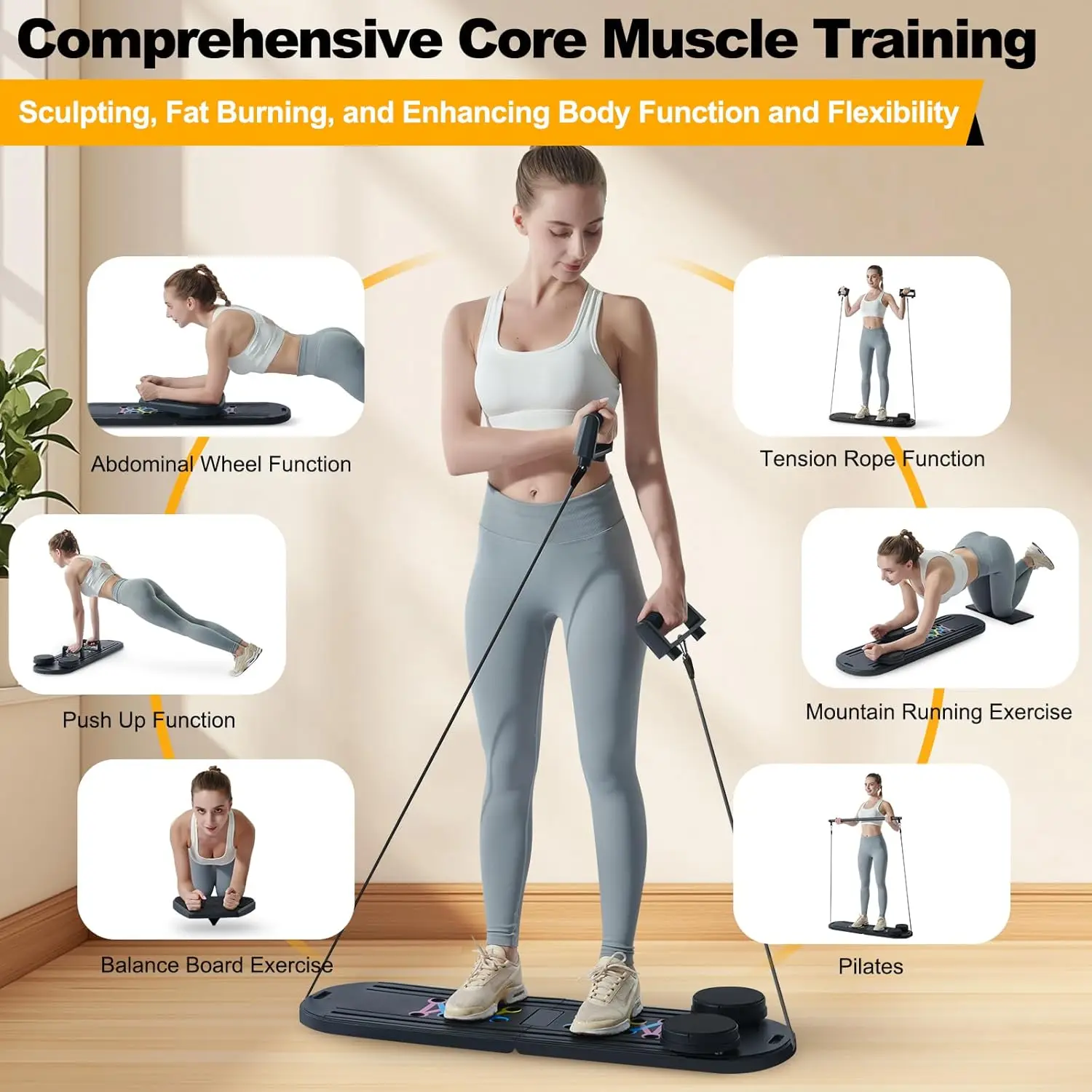 Portable Multifunctional 6-in-1 Pilates Reformers Machine Ab Wheel Roller & Push Board Home Workout Ab Reformer for Home Use