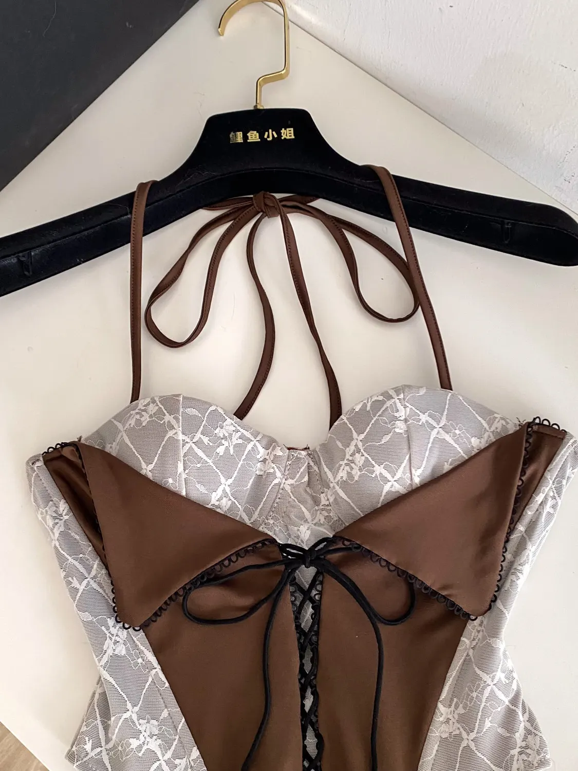 Women's Brown Sexy Lace Patchwork Lace Up Cami Top Y2K Gyaru Off Shoulder Tank Top Slim Elegant Strap Top for Women Summer 2026
