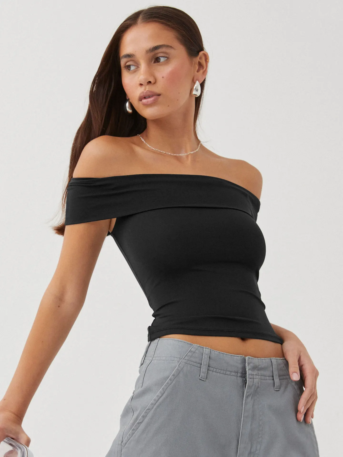 InstaLike-Solid Slash Neck Tee, Folds Short Sleeve Shirts,Crop Top, Black Slim Streetwear, Folds Slim Tee, Sexy Elegant,Summer