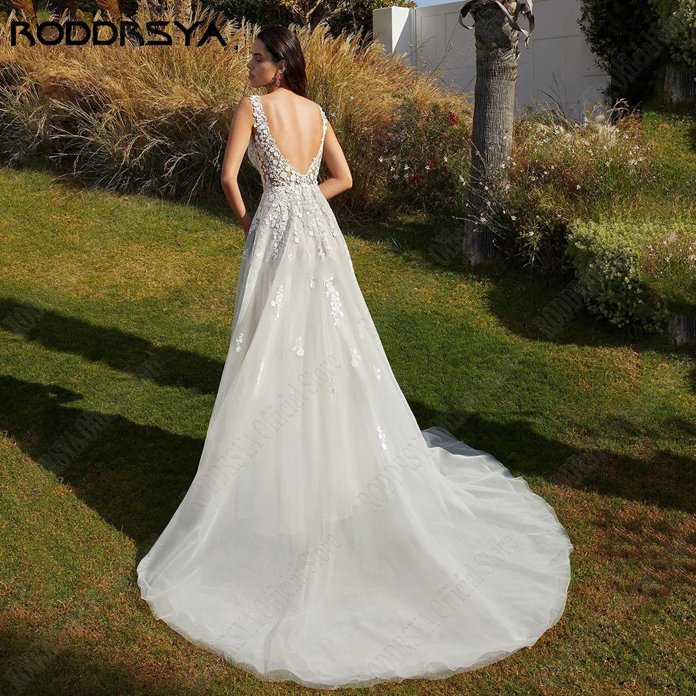 Roddrsya femmes robe de mariée moderne sans manches sexy nu a - word robe de mariée dentelle appRODDRSYA-Robes de mariée A-Line dos nu pour femmes, appliques en dentelle, train de balayage, robe de mariée moderne, sexy