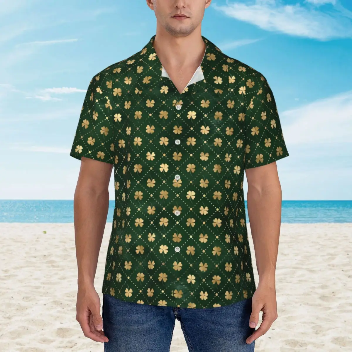 Gold Shamrock Print Beach Shirt St Patricks Day Summer Casual Shirts Mens Vintage Blouses Short-Sleeved Y2K Street Pattern Top