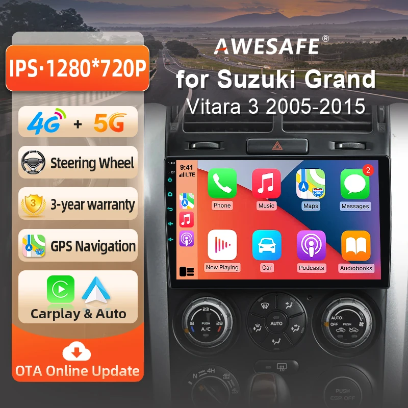 AWESAFE Radio Android de 9 pulgadas para Suzuki Grand Vitara 3 2005-2015, CarPlay inalámbrico y Android Auto, navegación GPS, soporte multimedia, control del volante, amplificador de subwoofer, cámara trasera con CAN-BUS, Plug and Play, DAB+, autorradio digital, radio para coche 2 DIN, RDS 1