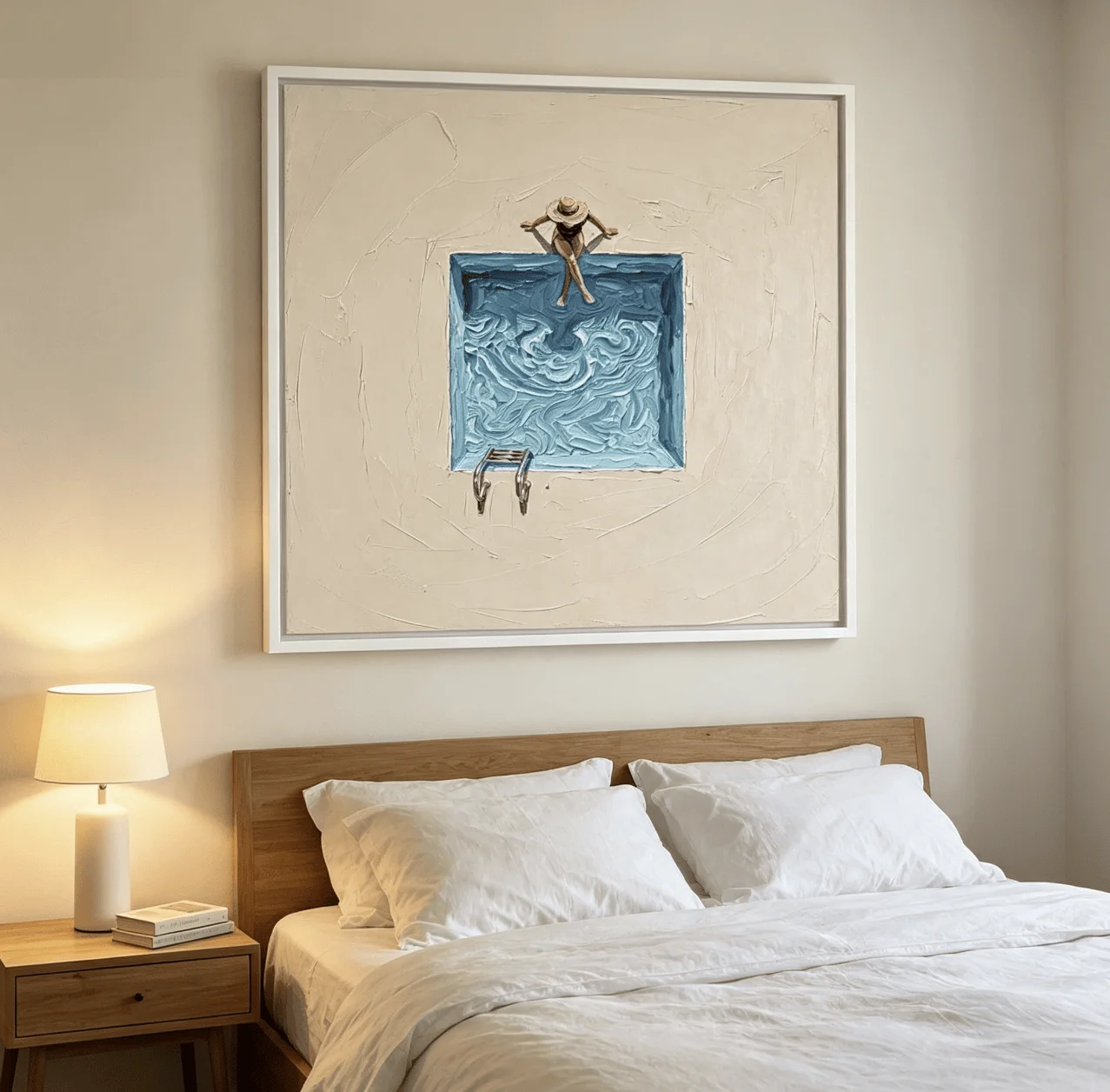 Thick Texture Swimming Pool Woman Canvas Wall Art, Minimal Summer Figure Canvas Prints, Impasto Art for Living Room Bath Decor - view 5
