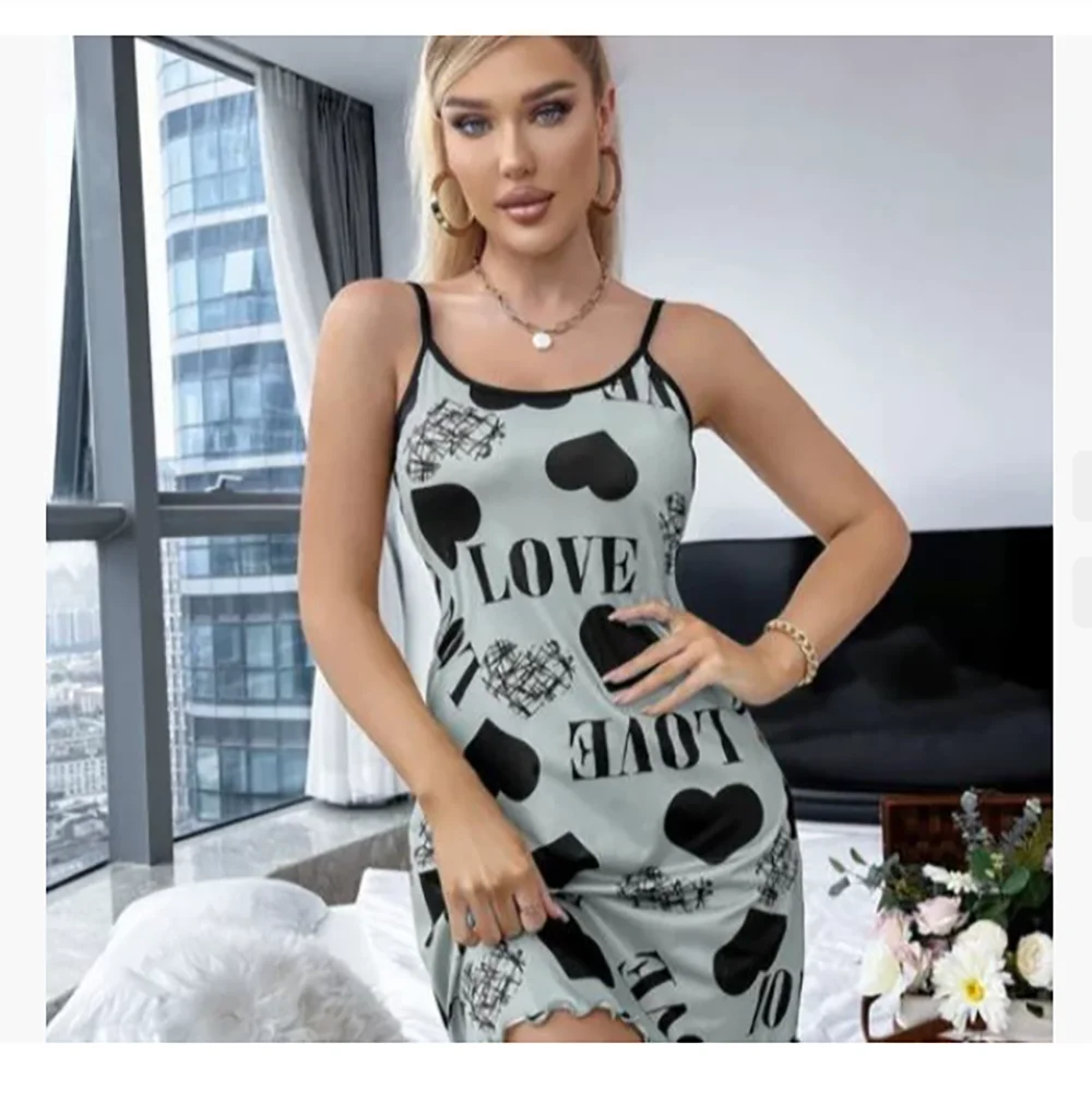 Sexy Sleep Dress Heart Letter Print Nightdress Backless Lady Nightgown Casual Round Neck Sling Women Sleepwear Dress