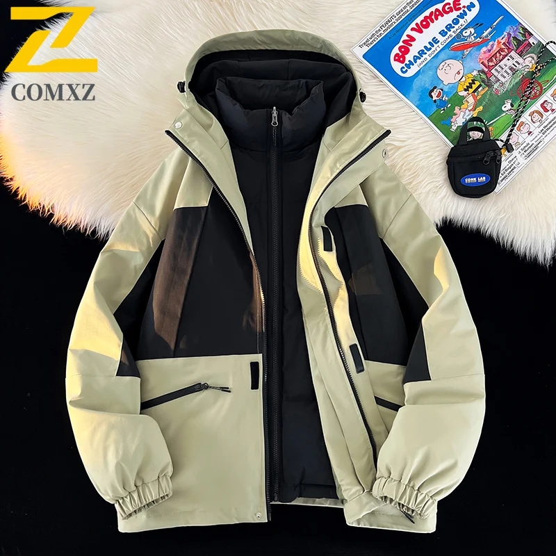 Winter Jacket Men 2025 Autumn Winter New 3-in-1 Color Block Hooded Thickened Warm Parka Adventure Windproof Lightweight Coat