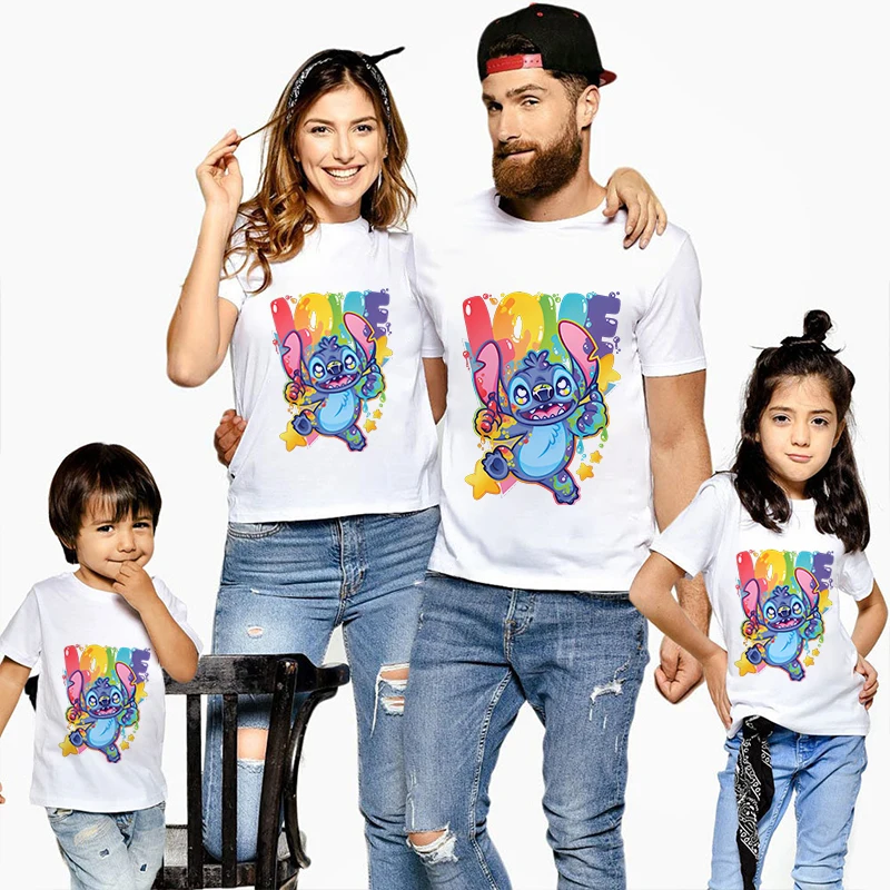 T-shirt ze ściegiem Jednakowe stroje rodzinne Tata i mama dzieci Bawełniany biały top z krótkim rękawem Strój dla rodziców i dzieci