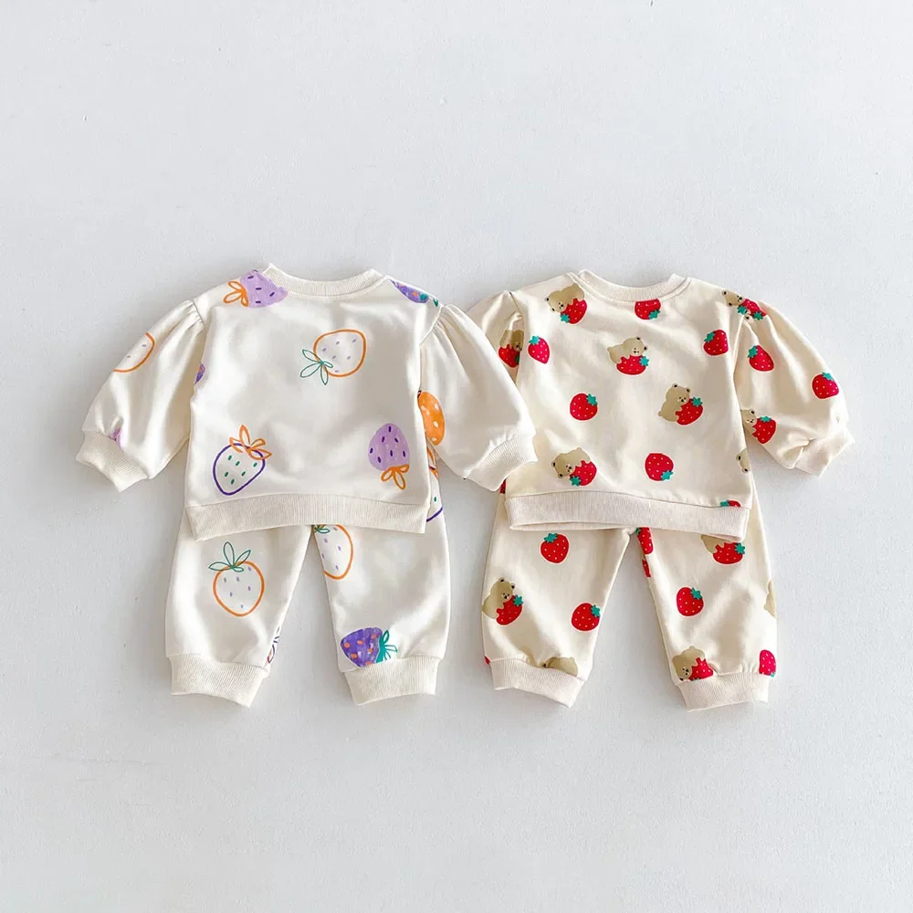 2024 Autumn Baby Clothing Set Toddler Girls Cartoon Strawberry Top and Pants 2Pcs Cotton Kids Boys Pullover Outwear Baby Suit