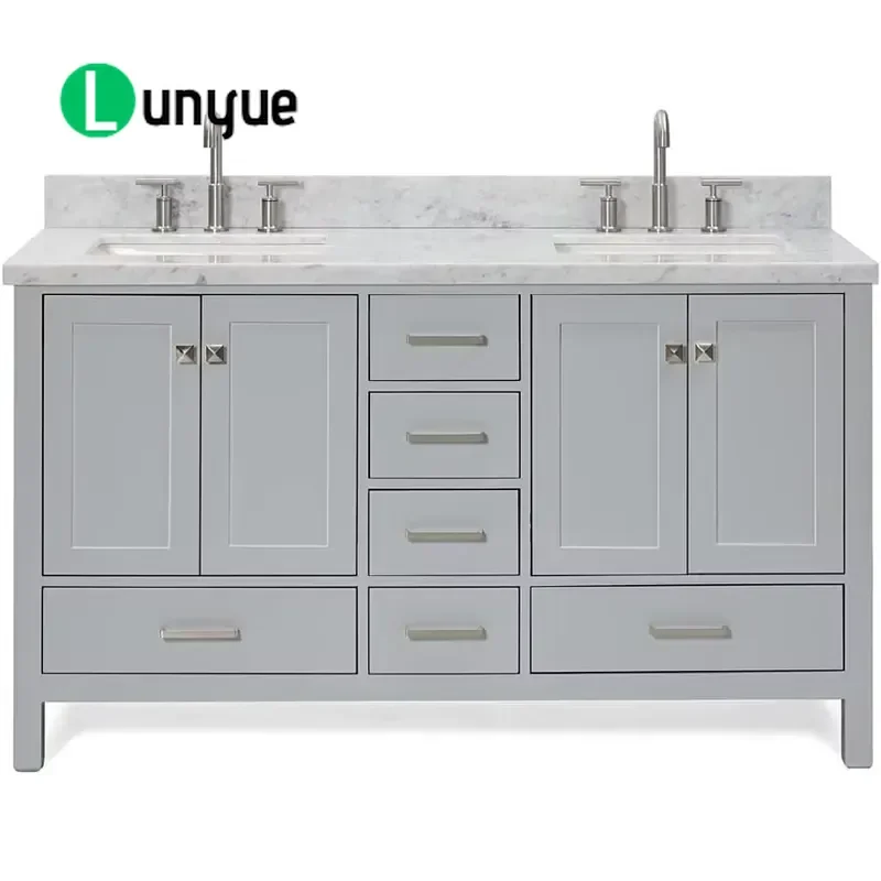 60 Inch Blue Bathroom Vanity Cabinet Italian Carrara Marble Top Modern Lacquer MDF Rectangular Sink Hotel Use Furniture
