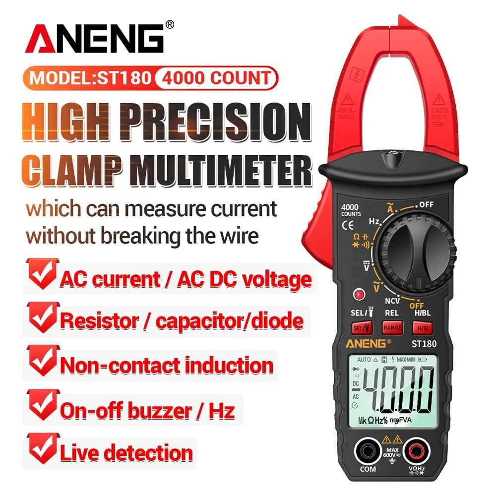 Aneng-デジタルクランプメーターst180,ac電流4000カウント,マルチメーター,電流計,電圧テスター,カーアンプ,hz,静電容量,ncvオームテスト